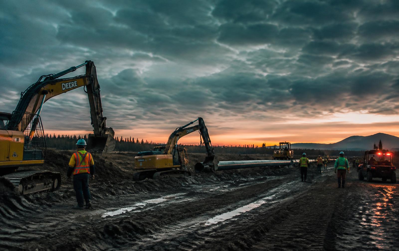 Pipeline crew and excavators on a remote jobsite at dawn